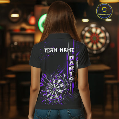 Purple Darts Target Shatter Polo 1/4-Zip Shirt For Women Custom Black Team Tournament Jersey NHT1661