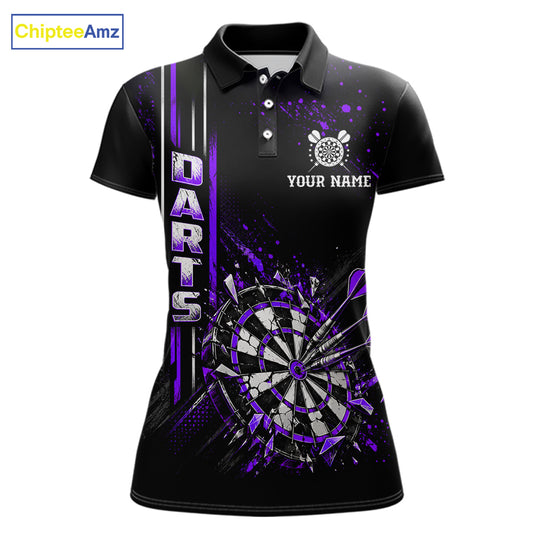 Purple Darts Target Shatter Polo 1/4-Zip Shirt For Women Custom Black Team Tournament Jersey NHT1661