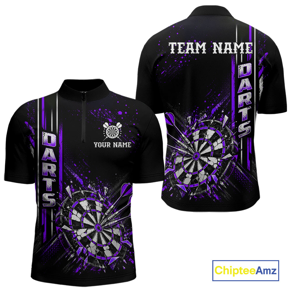Purple Darts Target Shatter Polo 1/4-Zip Shirt For Men Custom Black Team Tournament Jersey NHT1661