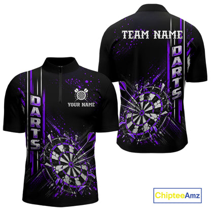 Purple Darts Target Shatter Polo 1/4-Zip Shirt For Men Custom Black Team Tournament Jersey NHT1661