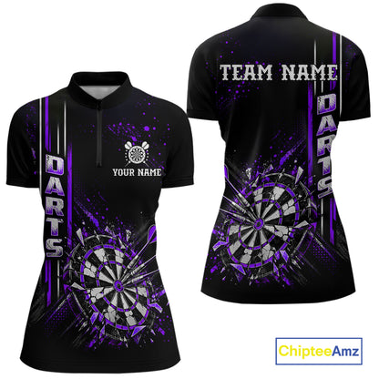 Purple Darts Target Shatter Polo 1/4-Zip Shirt For Women Custom Black Team Tournament Jersey NHT1661