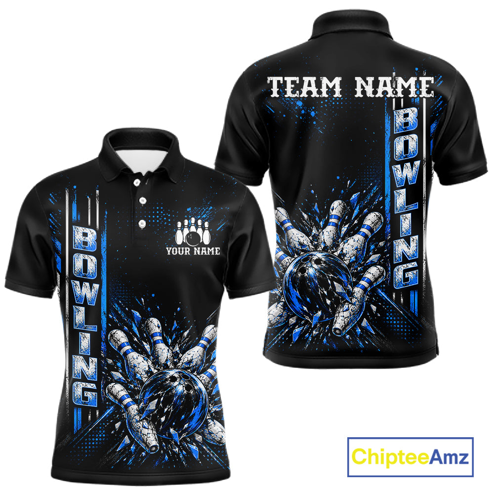 Blue Bowling Strike Ball Pins Polo Shirt For Men Custom Black Team Tournament Jersey NHT1662