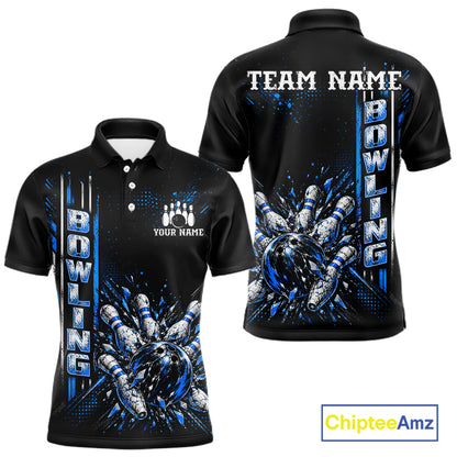 Blue Bowling Strike Ball Pins Polo Shirt For Men Custom Black Team Tournament Jersey NHT1662