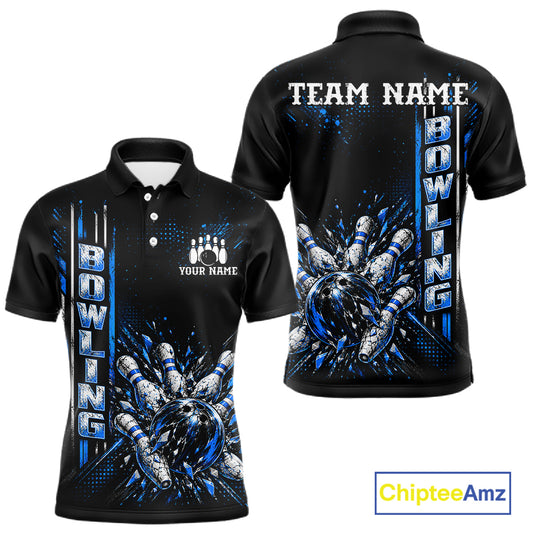 Blue Bowling Strike Ball Pins Polo Shirt For Men Custom Black Team Tournament Jersey NHT1662