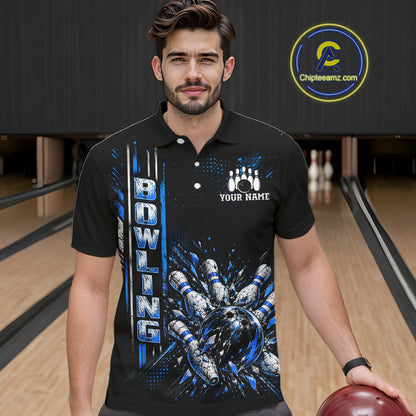 Blue Bowling Strike Ball Pins Polo Shirt For Men Custom Black Team Tournament Jersey NHT1662