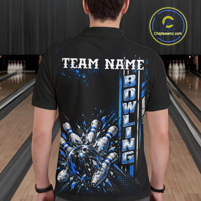 Blue Bowling Strike Ball Pins Polo Shirt For Men Custom Black Team Tournament Jersey NHT1662
