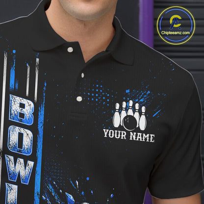 Blue Bowling Strike Ball Pins Polo Shirt For Men Custom Black Team Tournament Jersey NHT1662