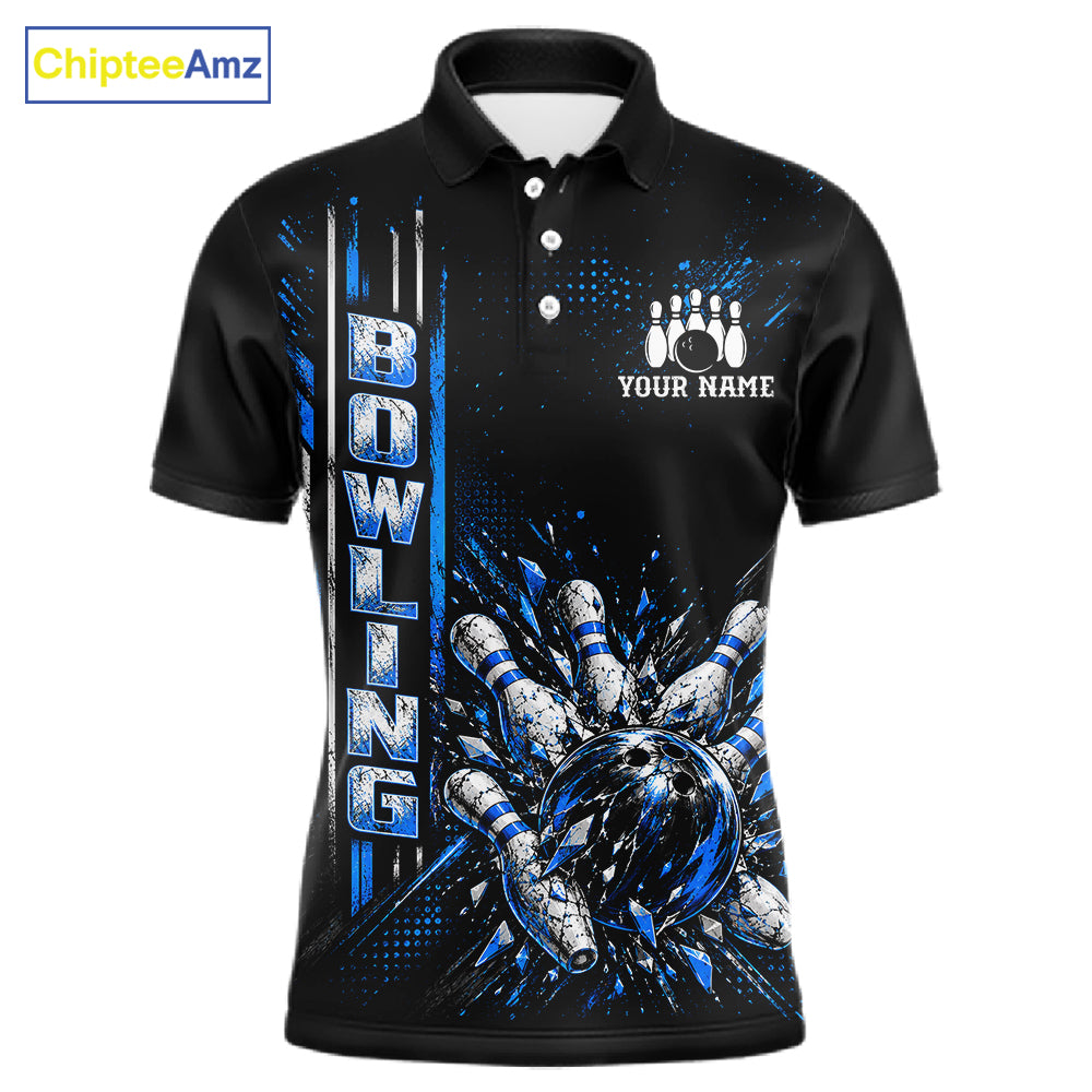 Blue Bowling Strike Ball Pins Polo Shirt For Men Custom Black Team Tournament Jersey NHT1662
