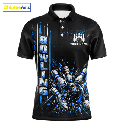 Blue Bowling Strike Ball Pins Polo Shirt For Men Custom Black Team Tournament Jersey NHT1662