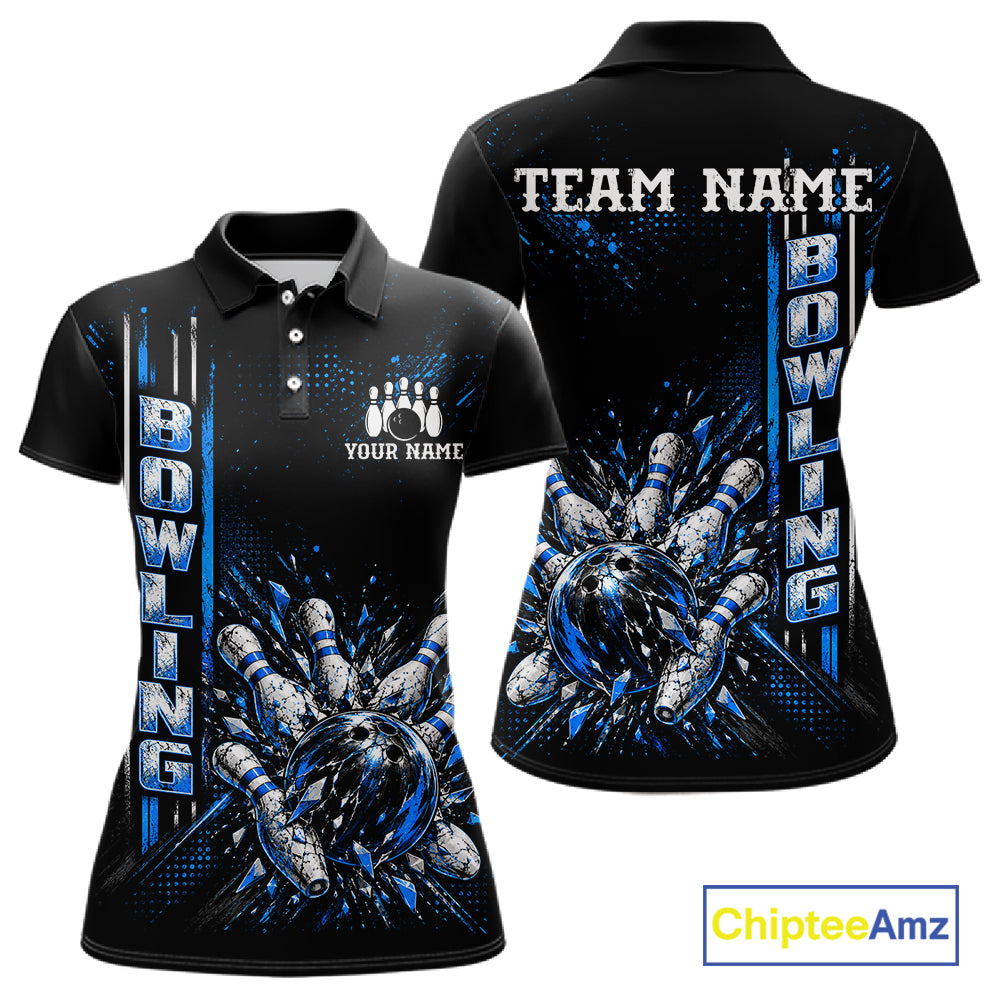 Blue Bowling Strike Ball Pins Polo Shirt For Women Custom Black Team Tournament Jersey NHT1662