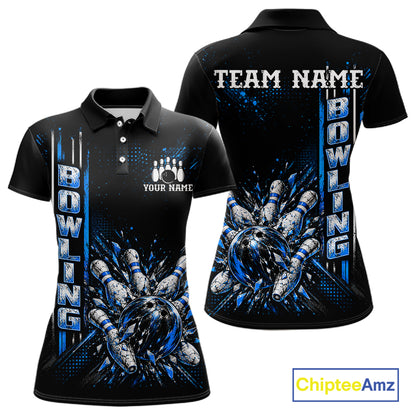 Blue Bowling Strike Ball Pins Polo Shirt For Women Custom Black Team Tournament Jersey NHT1662