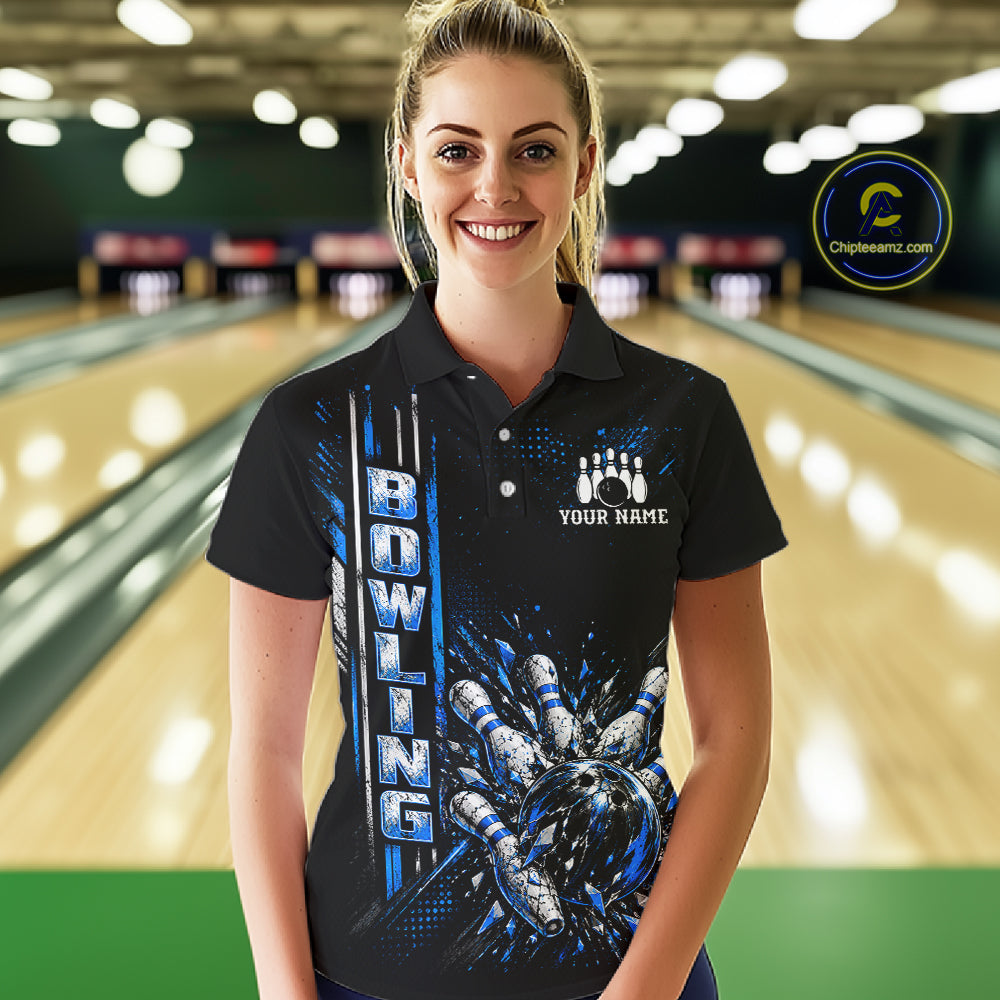 Blue Bowling Strike Ball Pins Polo Shirt For Women Custom Black Team Tournament Jersey NHT1662