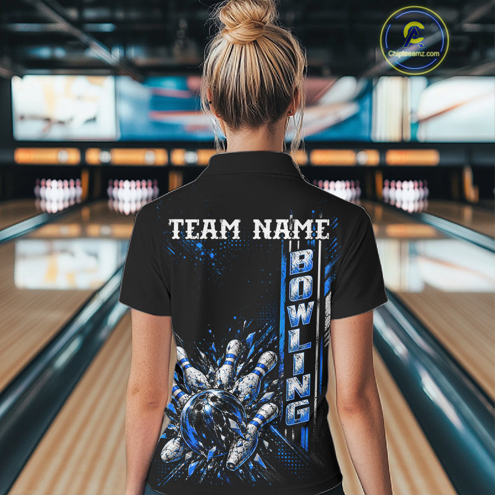 Blue Bowling Strike Ball Pins Polo Shirt For Women Custom Black Team Tournament Jersey NHT1662
