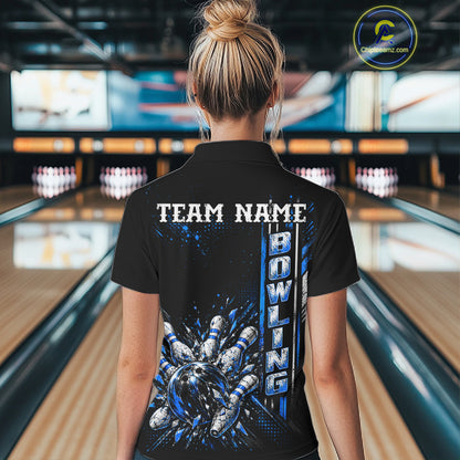 Blue Bowling Strike Ball Pins Polo Shirt For Women Custom Black Team Tournament Jersey NHT1662