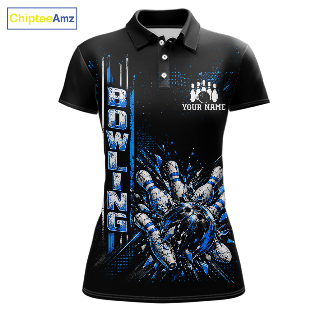 Blue Bowling Strike Ball Pins Polo Shirt For Women Custom Black Team Tournament Jersey NHT1662