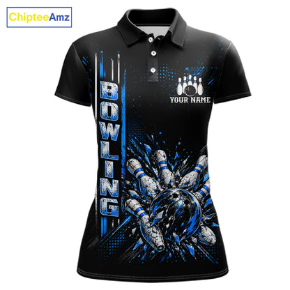 Blue Bowling Strike Ball Pins Polo Shirt For Women Custom Black Team Tournament Jersey NHT1662