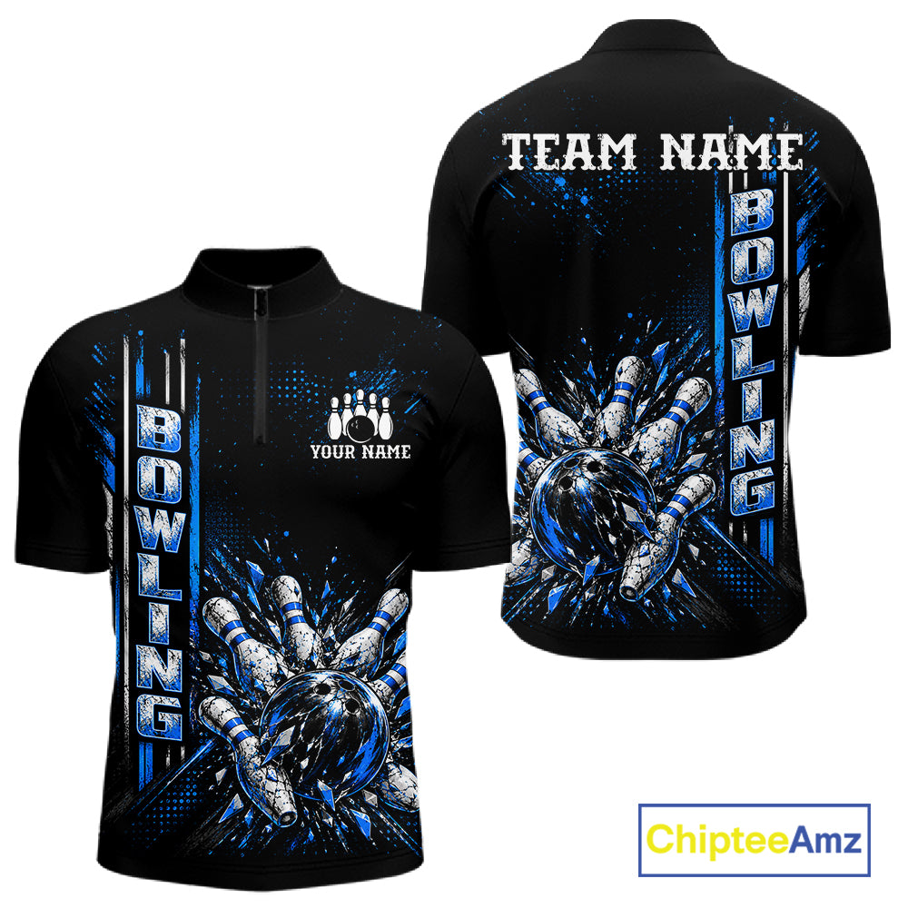 Blue Bowling Strike Ball Pins Polo Shirt For Men Custom Black Team Tournament Jersey NHT1662