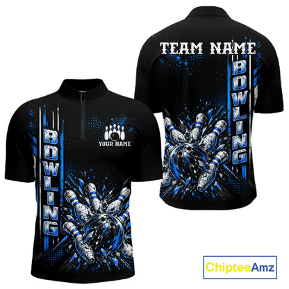 Blue Bowling Strike Ball Pins Polo Shirt For Men Custom Black Team Tournament Jersey NHT1662