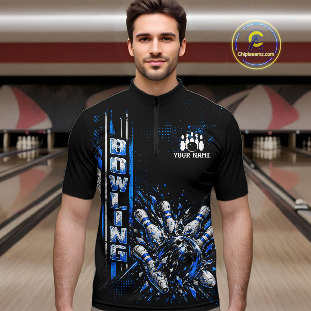 Blue Bowling Strike Ball Pins Polo Shirt For Men Custom Black Team Tournament Jersey NHT1662