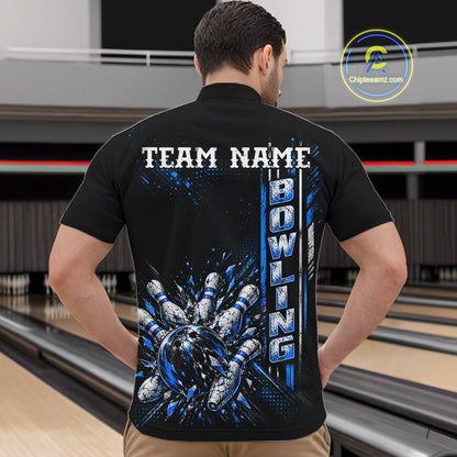 Blue Bowling Strike Ball Pins Polo Shirt For Men Custom Black Team Tournament Jersey NHT1662