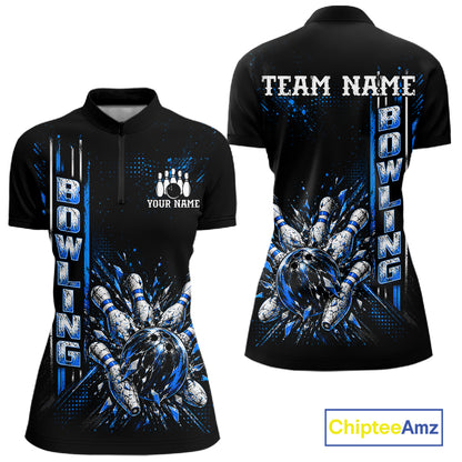 Blue Bowling Strike Ball Pins Polo Shirt For Women Custom Black Team Tournament Jersey NHT1662