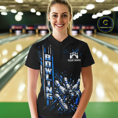 Blue Bowling Strike Ball Pins Polo Shirt For Women Custom Black Team Tournament Jersey NHT1662