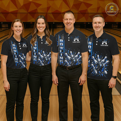 Blue Bowling Strike Ball Pins Polo Shirt For Women Custom Black Team Tournament Jersey NHT1662