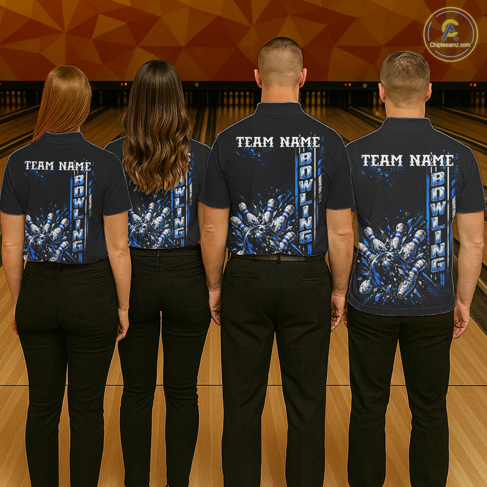 Blue Bowling Strike Ball Pins Polo Shirt For Women Custom Black Team Tournament Jersey NHT1662
