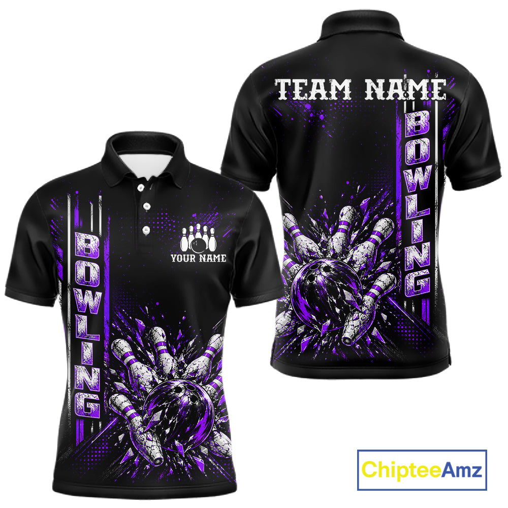 Purple Bowling Strike Ball Pins Polo Shirt For Men Custom Black Team Tournament Jersey NHT1663
