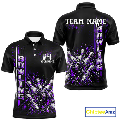 Purple Bowling Strike Ball Pins Polo Shirt For Men Custom Black Team Tournament Jersey NHT1663