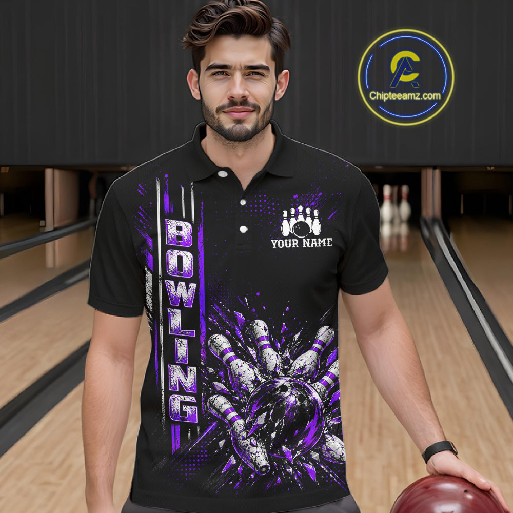 Purple Bowling Strike Ball Pins Polo Shirt For Men Custom Black Team Tournament Jersey NHT1663
