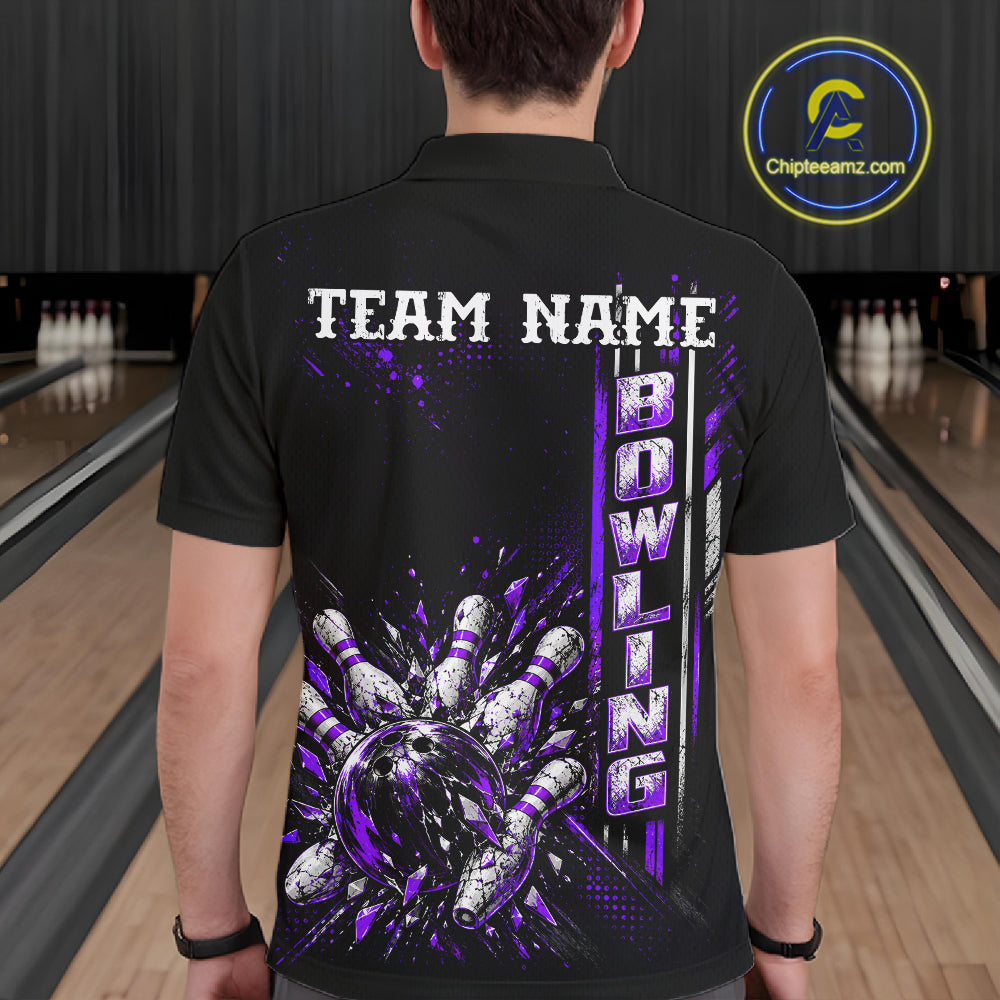 Purple Bowling Strike Ball Pins Polo Shirt For Men Custom Black Team Tournament Jersey NHT1663