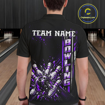 Purple Bowling Strike Ball Pins Polo Shirt For Men Custom Black Team Tournament Jersey NHT1663