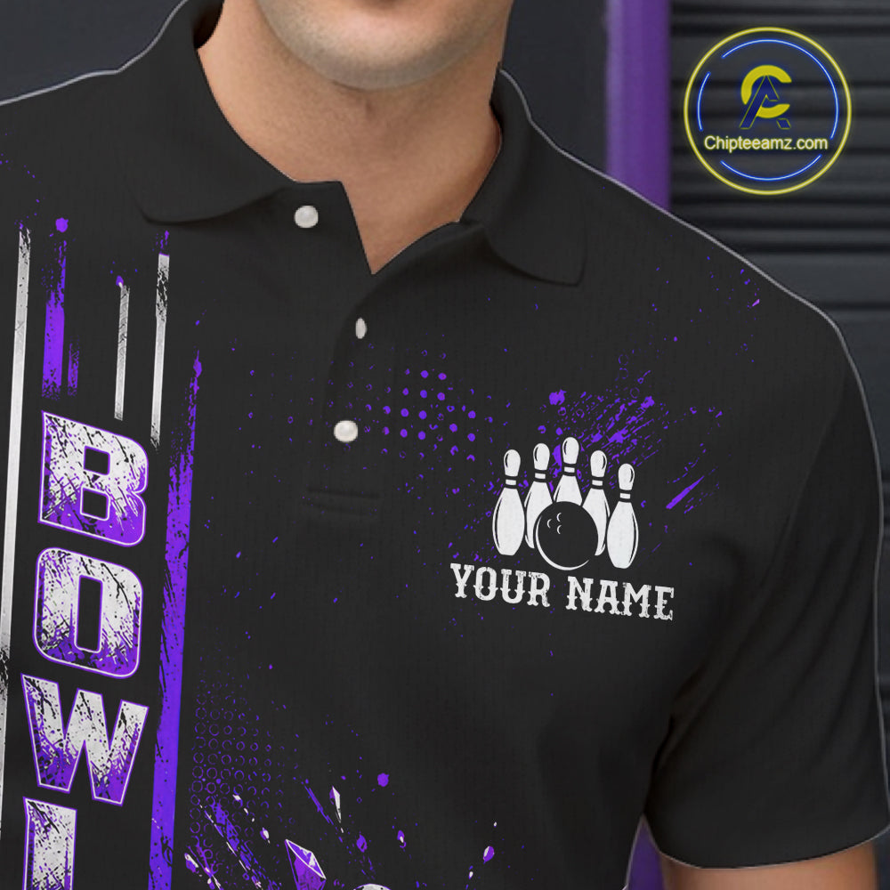 Purple Bowling Strike Ball Pins Polo Shirt For Men Custom Black Team Tournament Jersey NHT1663
