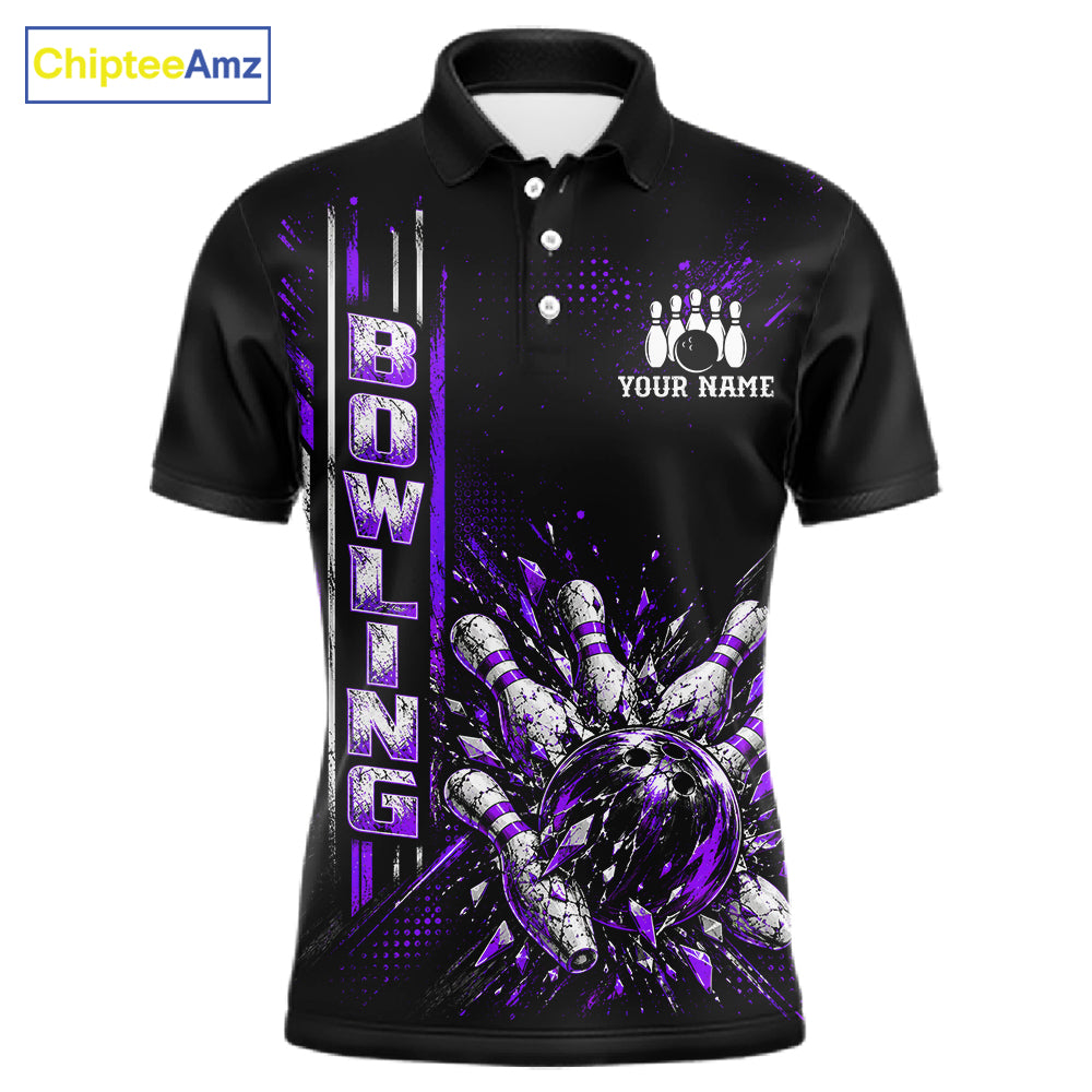Purple Bowling Strike Ball Pins Polo Shirt For Men Custom Black Team Tournament Jersey NHT1663