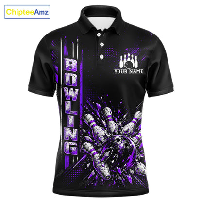 Purple Bowling Strike Ball Pins Polo Shirt For Men Custom Black Team Tournament Jersey NHT1663