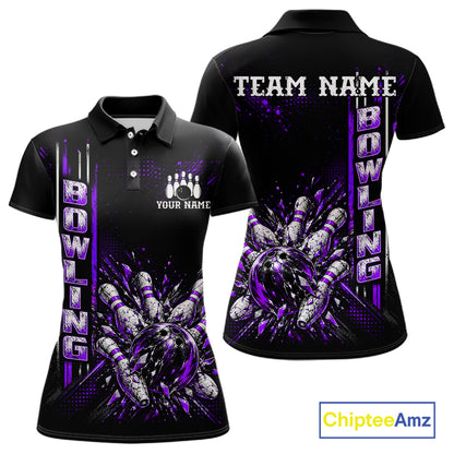 Purple Bowling Strike Ball Pins Polo Shirt For Women Custom Black Team Tournament Jersey NHT1663
