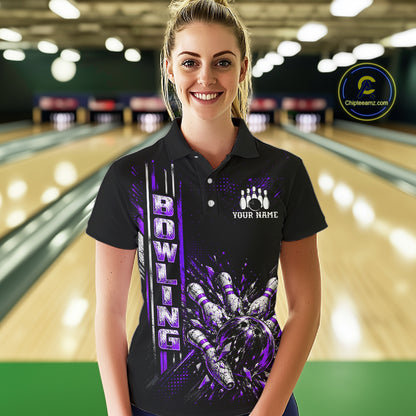 Purple Bowling Strike Ball Pins Polo Shirt For Women Custom Black Team Tournament Jersey NHT1663