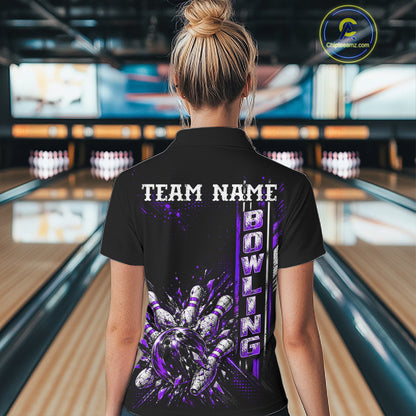 Purple Bowling Strike Ball Pins Polo Shirt For Women Custom Black Team Tournament Jersey NHT1663