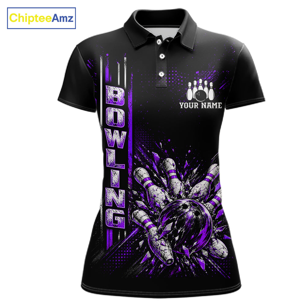 Purple Bowling Strike Ball Pins Polo Shirt For Women Custom Black Team Tournament Jersey NHT1663