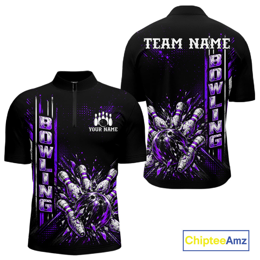Purple Bowling Strike Ball Pins Polo Shirt For Men Custom Black Team Tournament Jersey NHT1663