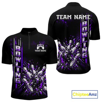 Purple Bowling Strike Ball Pins Polo Shirt For Men Custom Black Team Tournament Jersey NHT1663