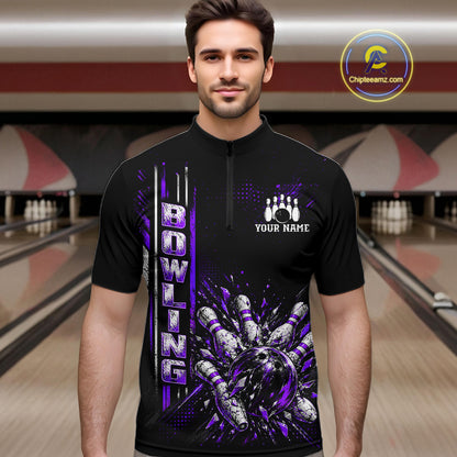 Purple Bowling Strike Ball Pins Polo Shirt For Men Custom Black Team Tournament Jersey NHT1663
