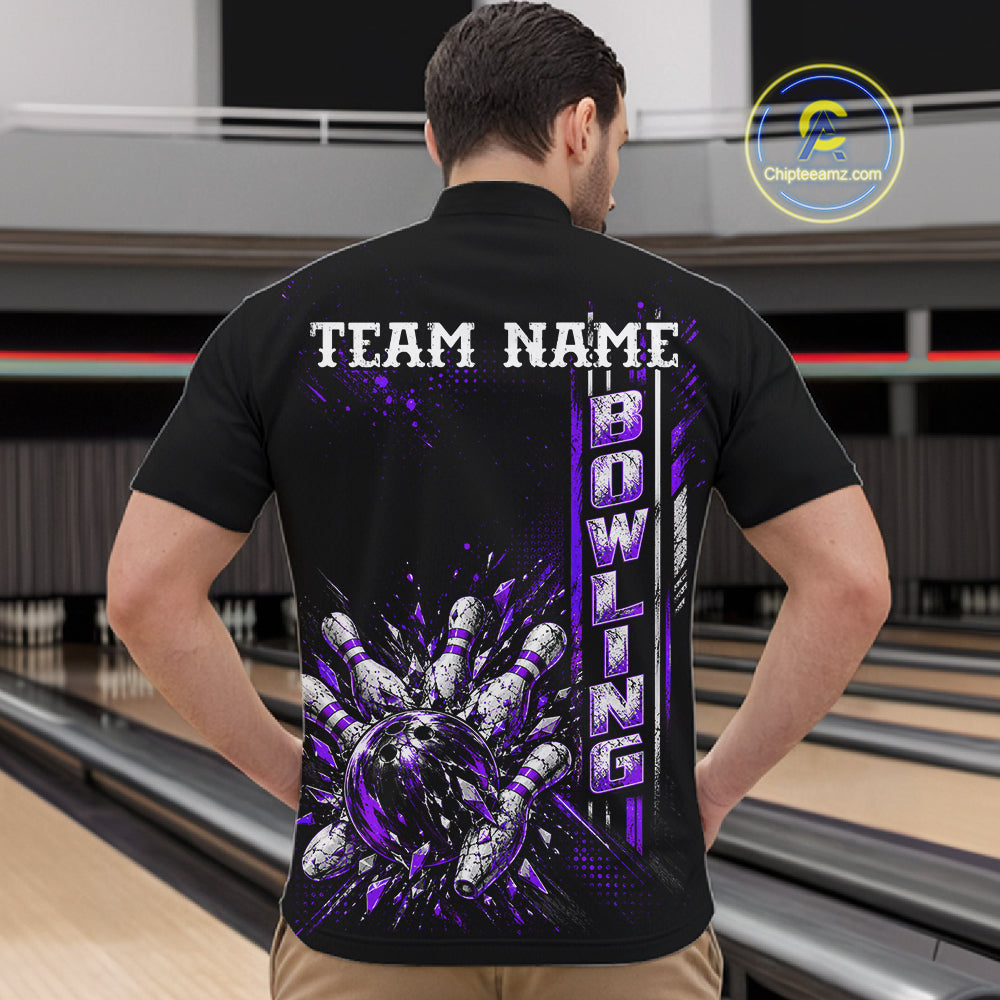 Purple Bowling Strike Ball Pins Polo Shirt For Men Custom Black Team Tournament Jersey NHT1663