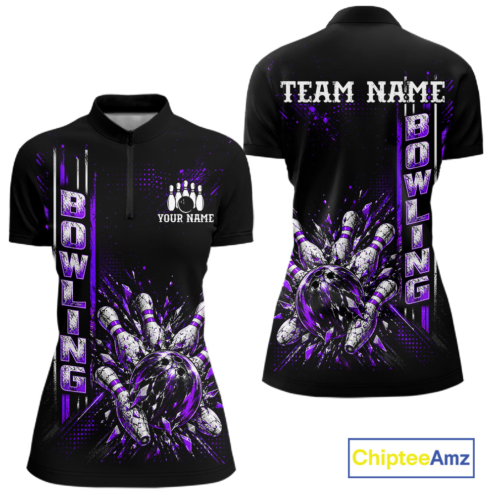 Purple Bowling Strike Ball Pins Polo Shirt For Women Custom Black Team Tournament Jersey NHT1663