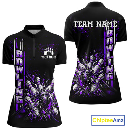 Purple Bowling Strike Ball Pins Polo Shirt For Women Custom Black Team Tournament Jersey NHT1663
