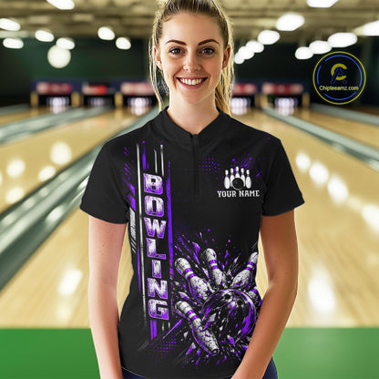 Purple Bowling Strike Ball Pins Polo Shirt For Women Custom Black Team Tournament Jersey NHT1663