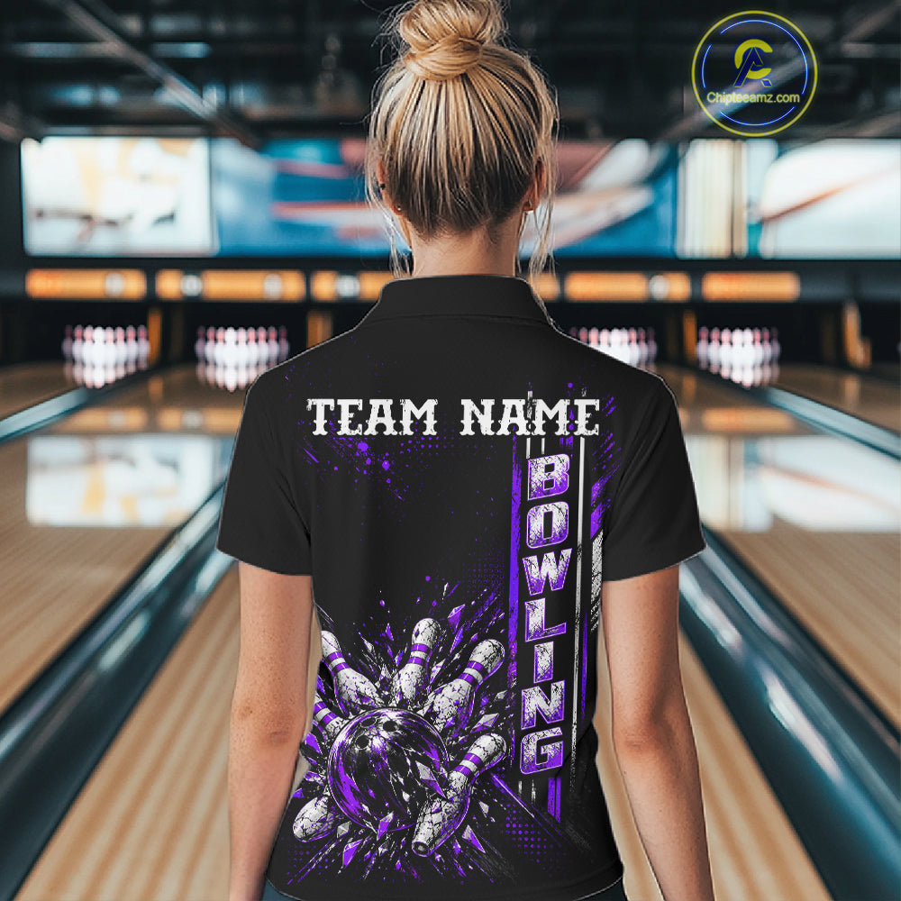 Purple Bowling Strike Ball Pins Polo Shirt For Women Custom Black Team Tournament Jersey NHT1663