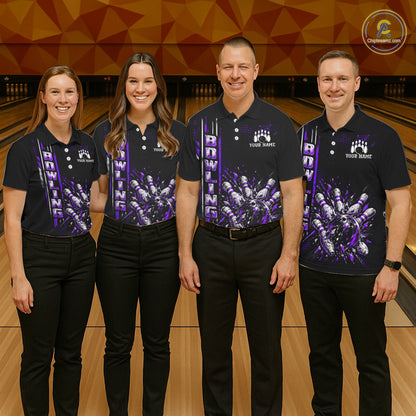 Purple Bowling Strike Ball Pins Polo Shirt For Women Custom Black Team Tournament Jersey NHT1663