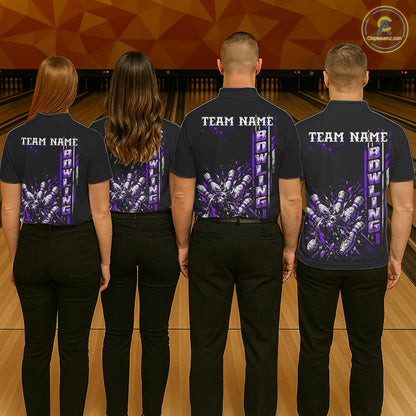 Purple Bowling Strike Ball Pins Polo Shirt For Men Custom Black Team Tournament Jersey NHT1663